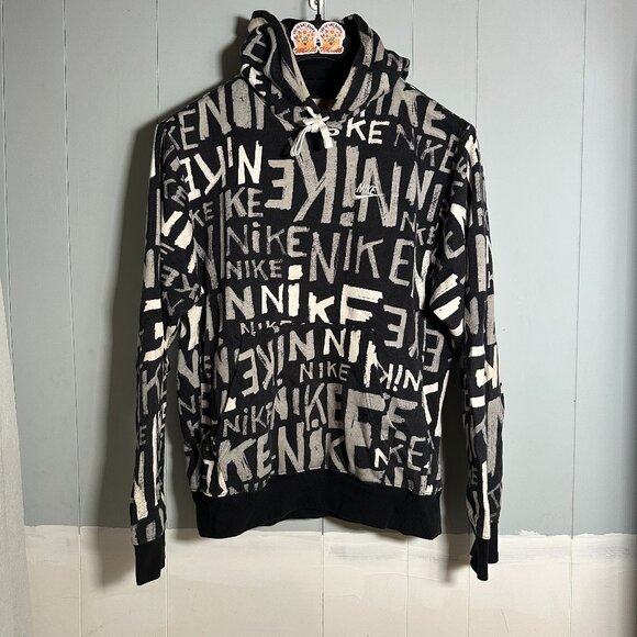 Nike Sportswear Club Fleece Hoodie Men's S Black Gray White Nike all Over Print - Picture 1 of 7